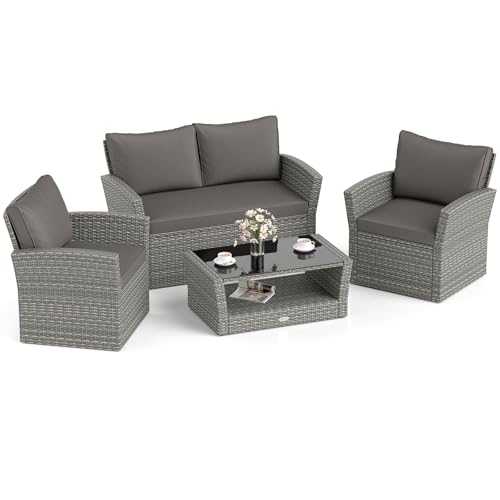 Tangkula 4 Pieces Patio Furniture Set, Outdoor PE Wicker Sectional Conversation Bistro Set with 2 Rattan Chairs, Loveseat, 2-Tier Tempered Glass Coffee Table and Cushions for Balcony, Garden (1, Gray)