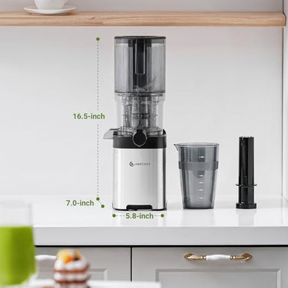 AMZCHEF Cold Press Juicer, 5.4" Juicer Machines with Large Feed Chute for Whole Fruits & Vegetables, Stainless Steel Juice Extractor with Large Auger, Dual Strainers, Easy Cleanup & Assembly