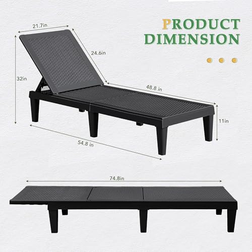 JUMMICO Patio Chaise Lounge Chair Set of 2 Outdoor PE Waterproof Adjustable Easy Assembly Lounge Chairs for Outside Pool Garden Deck Beach (Black, Set of 2)