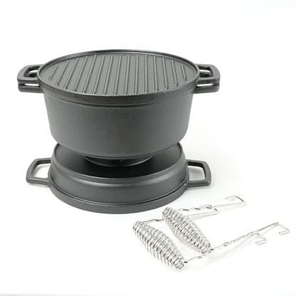HAWOK 5 piece Stove Set, Pre-Seasoned Cast Iron Charcoal Grill Stove with 4QT Dutch Oven, with Multipurpose Lid, Five-Leg Buffet Tray, Multipurpose BBQ Stove Set