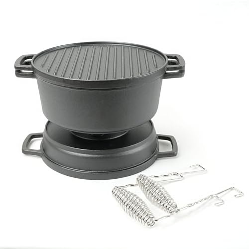HAWOK 5 piece Stove Set, Pre-Seasoned Cast Iron Charcoal Grill Stove with 4QT Dutch Oven, with Multipurpose Lid, Five-Leg Buffet Tray, Multipurpose BBQ Stove Set