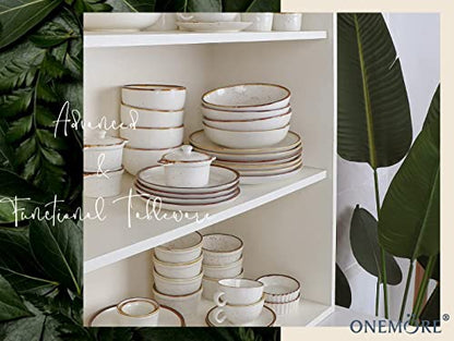 ONEMORE 12 oz Ramekins Oven Safe - Set of 6 Speckled Ceramic Souffle Dishes with Brown Rim for Baking Creme Brulee, French Onion Soup, Pot Pies, and More | Rustic Design with Warm Cream Glaze