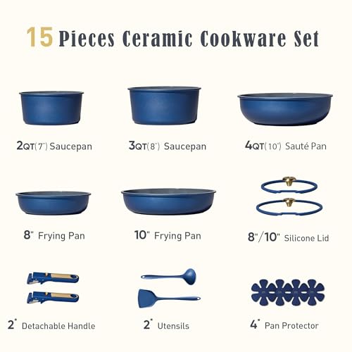 CAROTE Blue&Gold Ceramic Cookware Set Non Toxic, PFAS Free,15Pcs Pots and Pans Set Non Stick Detachable/Removable Handle,Kitchen Cooking Set Dishwasher Safe, Nonstick Pot and Pan, Induction Cookware