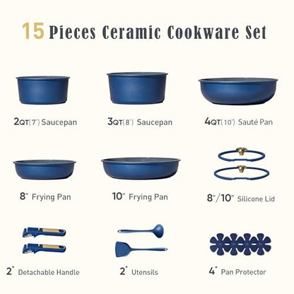 CAROTE Blue&Gold Ceramic Cookware Set Non Toxic, PFAS Free,15Pcs Pots and Pans Set Non Stick Detachable/Removable Handle,Kitchen Cooking Set Dishwasher Safe, Nonstick Pot and Pan, Induction Cookware