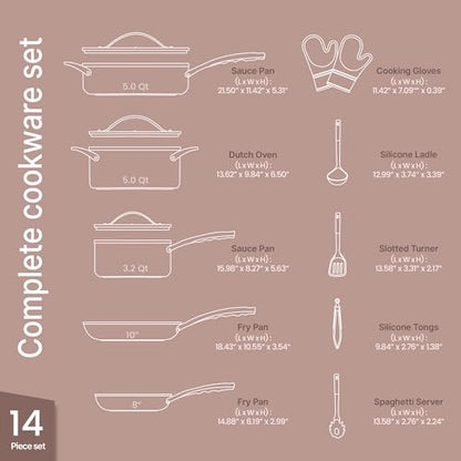Crystal Kung Minkoff Ceramic Cookware Set – 14-Piece Pots and Pans Set with Lids, Silicone Utensils & Oven Mitts, Nonstick and Non-Toxic, PTFE/PFAS Free, Dishwasher & Stovetop Safe Up to 500°F