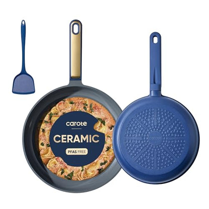 CAROTE 9.5'' and 11'' Nonstick Ceramic Frying Pan Skillet, Non Stick Skillet with Heat Resistant Handle, Healthy & PFOA/PFAS Free, Induction-Compatible,Dishwasher Safe & Includes Silicone spatula,Blue