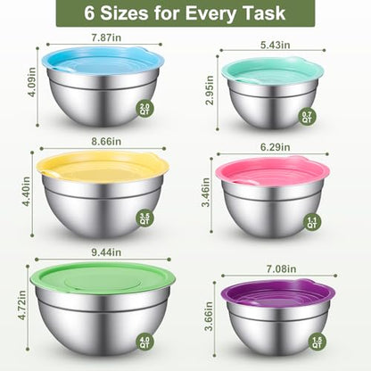 Xyingshine Stainless Steel Mixing Bowls with Lids Set, 6 Nesting Kitchen Bowls 0.7-4 QT, Metal Mixing Bowls with 3 Grater Attachments, Dishwasher Safe for Prep, Mixing, Serving & Storage