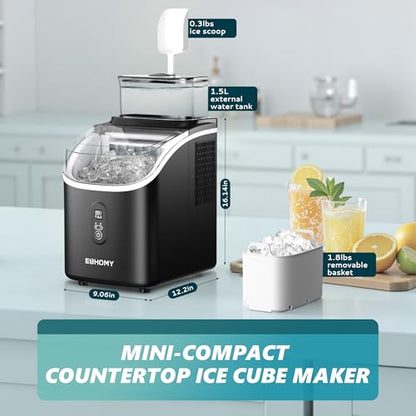 EUHOMY Ice Cube Maker Machine Countertop with External Water Tank, 2 Ways to Add Water, 34Lbs/Day, 16Pcs Ready in 7 Mins, Auto-Cleaning, with Ice Scoop & Basket, for Home/Kitchen/Office/Bar (Black)