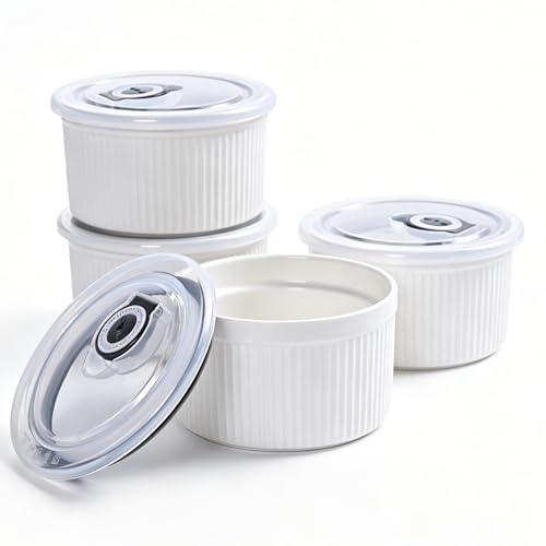 14 oz Ceramic Ramekins with Lids, Set of 4 Oven Safe Porcelain Creme Brulee Ramekins for Baking, Souffle, Pudding, Dessert, Dip, Leftovers & Food Storage, (White)