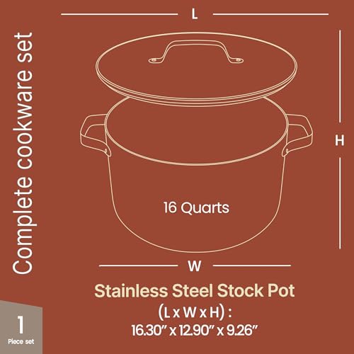 Bakken 16 Quart Ceramic Coated Stock Pot with Lid, Easy Clean Nonstick Pot, Tempered Glass Lid, Riveted Stainless Steel Handles, Oven Safe Up To 500°F, PTFE & PFAS Free, All Stove Compatible, Cream