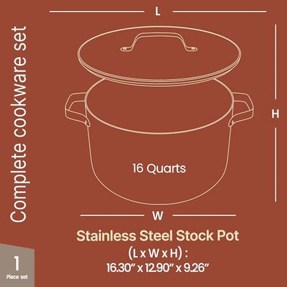 Bakken 16 Quart Ceramic Coated Stock Pot with Lid, Easy Clean Nonstick Pot, Tempered Glass Lid, Riveted Stainless Steel Handles, Oven Safe Up To 500°F, PTFE & PFAS Free, All Stove Compatible, Cream