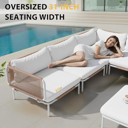 VredHom 4 Piece Modern Outdoor Sectional Sofa, 31" Oversized Patio Furniture Set with Olefin Woven Rope, Weather-Resistant Metal Frame and Removable Cushion, Beige