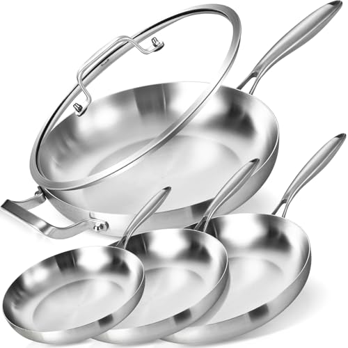 LOLYKITCH 8+10+12 Inch+14 Inch with A Lid, Tri-Ply Stainless Steel Frying Pan Set– Professional Skillet Fast & Even Heating, Induction & Oven Safe Cookware for Modern Home Kitchens
