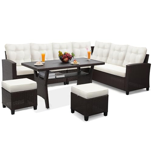 KROFEM KROFEM6-Piece Patio Furniture Set, Outdoor Sectional Sofa with Dining Table & Chairs, All-Weather Dining Set with Removable Cushion Covers, Ideal for Garden, Porch, Backyard, White