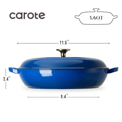 CAROTE 3.4QT Enameled Cast Iron Braiser Pan, Shallow Dutch Oven Casserole Skillets, Non-Toxic Cast Iron Pot with Lid for Grilling, Searing, Baking, Dual Handles, All Stovetop Compatible, Blue
