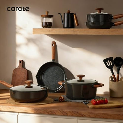 CAROTE 5QT Ceramic Stock Pot with Ladle, Nonstick Casserole with Lid, Even Heating Stockpot, Fits All Stoves, Non Stick Large Capacity Cooking Pots, PFAS Free, Black