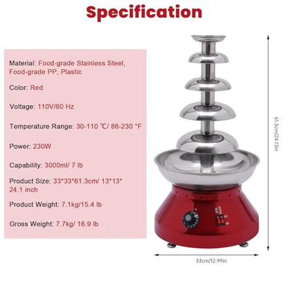 Chocolate Fountain Machine, 5 Tier Chocolate Fondue Fountain with Capability 7 lb Commercial Hot Chocolate Fondue Tower for Nacho Cheese Liqueurs Party Wedding 230W (Red)