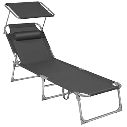 SONGMICS Sun Lounger, Patio Chaise Lounge Chair, Folding, with Canopy, 76 x 20.9 x 11.4 Inches, Holds 330 lb, Headrest, Adjustable Backrest, Outdoor Garden Pool, Dark Gray UGCB19UV1
