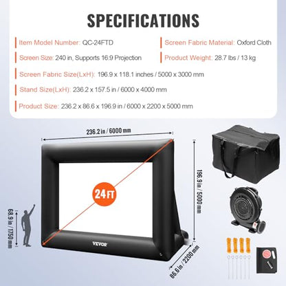 VEVOR Inflatable Projector Screen for Outdoor Use with 350W Air Blower, Oxford Fabric Material, Supports Front/Rear Projection,Black