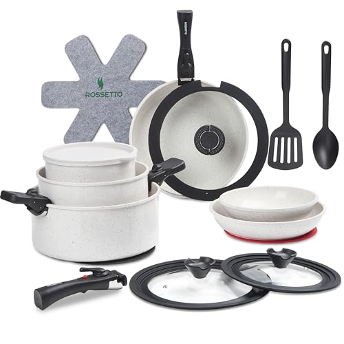 23 Pcs Nonstick Pots and Pans Set with 4 Detachable Handle, Ceramic Cookware Set Non Toxic, Induction Dishwasher Oven Safe Cookware Set, RV Kicthen Set Removable Handle, White Granite