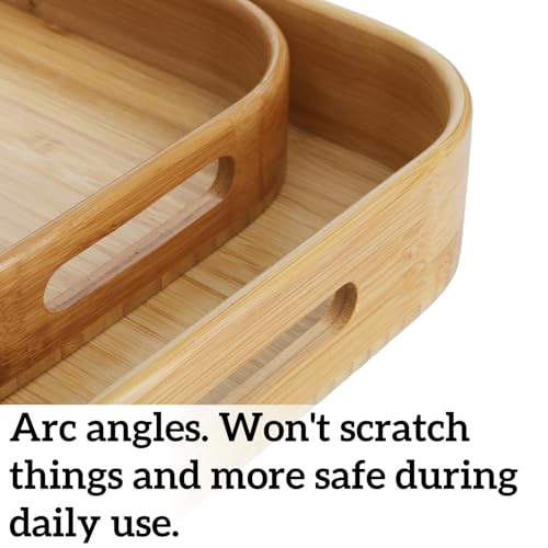 Dicunoy Set of 2 Bamboo Serving Tray, Solid Wood Breakfast Tray with Handles and Arc Angles, Large Size for Food, Dinner, Tea, Coffee, Bar, Parties, 15.6" L x 10.8" W /12.6" L x 8.5" W