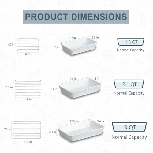 ONEMORE Baking Dishes for Oven, 9x13 Large Casserole Dishes for Oven with Roasting Racks, Rectangular Ceramic Baking Dish Set of 3 for Cooking & Serving, Deep Dish Lasagna Pan (3QT/2.1QT/1.3QT)