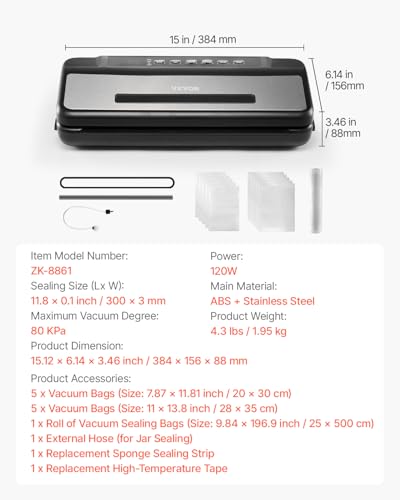 VEVOR Vacuum Sealer Machine, 80Kpa 120W Powerful Compact Food Sealer, 7-in-1 Multi-Functional Food Vacuum Sealer, Automatic Air Sealing System with Built-in Cutter with 10 Vacuum Bags & 1 Bag Roll