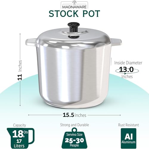 MAGNAWARE 18 Quart Cast Aluminum Large Stock Pot with Lid - Durable & Lightweight Soup Pot with Even Heat Distribution & Retention - Professional Cookware Stockpot with Silicone Handle