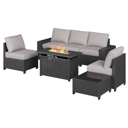 Aoxun Outdoor Patio Furniture Set with 44'' Fire Pit Table, 7 Pcs Outdoor Sectional with 4in Thicken Cushion, Widen Armrests Wicker for Backyard, Grey