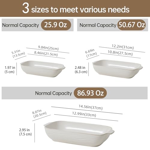 Feenmai Baking Dish for Oven, Ceramic Casserole Dishes Set for 3, Rectangular Lasagna Pan Deep, Baking Pans with Handle, 12.9“/10.8"/8.4" Bakeware Sets for Cake, Casserole, Kitchen Wedding Gifts, Arctic White