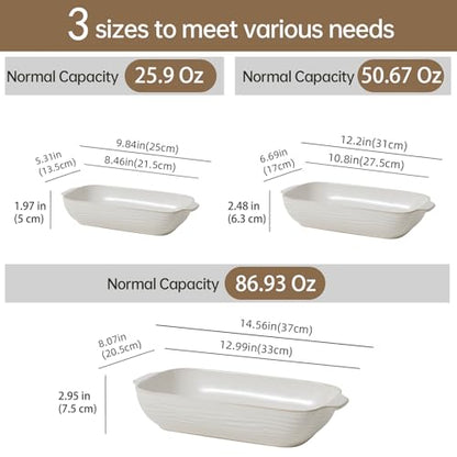 Feenmai Baking Dish for Oven, Ceramic Casserole Dishes Set for 3, Rectangular Lasagna Pan Deep, Baking Pans with Handle, 12.9“/10.8"/8.4" Bakeware Sets for Cake, Casserole, Kitchen Wedding Gifts, Arctic White