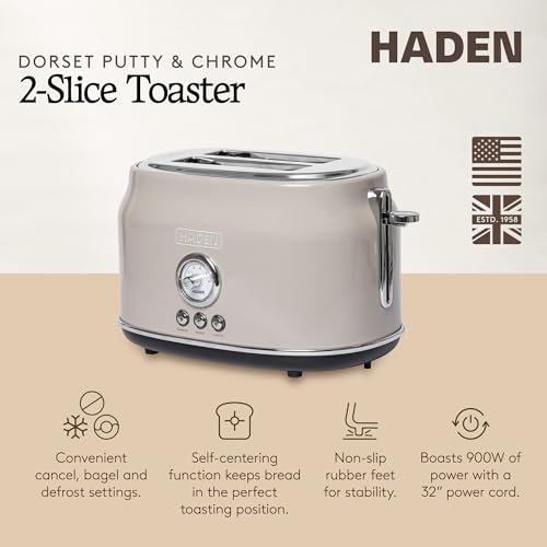 Haden Dorset 2 Slice Wide Slot Stainless Steel Toaster, Putty & Chrome