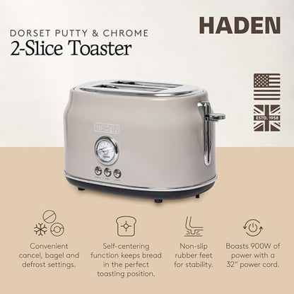 Haden Dorset 2 Slice Wide Slot Stainless Steel Toaster, Putty & Chrome