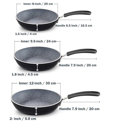 Cook N Home 8"/10"/12" 3 Pieces Frying Saute Pan Set with Non-stick Coating and Induction Compatible bottom, Black