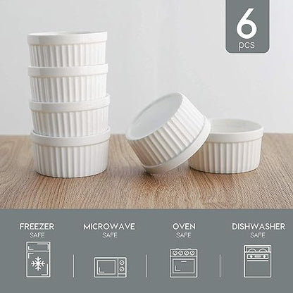 Samsle 6 oz Ramekins Set of 6, Porcelain Ramekins Dishes for Creme Brulee,Souffle, Lava Cakes, Pudding, Custard Cups for Baking and Dipping,Oven Safe, White 3.7 inch