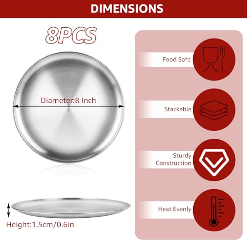 LANIAKEA 8 Pieces Stainless Steel Pizza Pans 8 Inch Round Pizza Oven Baking Serving Plate Tray Non-Stick Coating Pizza Plate for Pizza Pie Cookie, Baking, Serving, Dishwasher Safe
