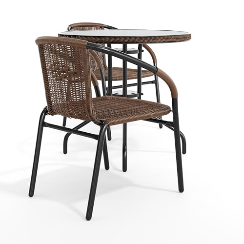 Flash Furniture Lila 28'' Round Glass Metal Table with Dark Brown Rattan Edging and 2 Dark Brown Rattan Stack Chairs