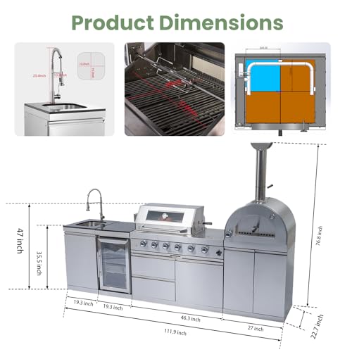 112-Inch Stainless Steel Outdoor Kitchen Island, Natural Gas BBQ Grill with Standalone Side Burner Pizza Oven, Rotisserie, Refrigerator, Granite Countertop, Storage Cabinets & Drawers 108000 BTU