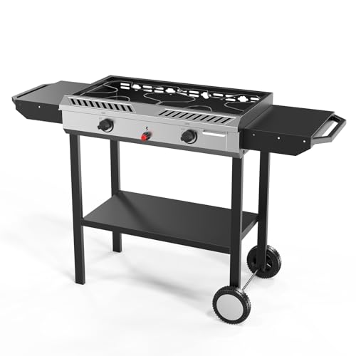 Bonnlo 2 Burner Propane Gas Burner with Auto Ignition, 150000 BTU Camping Stove with Storage Shelf and Rolling Wheels, Portable Outdoor Cooker for Patio Backyard Cooking Frying Boiling and Stewing