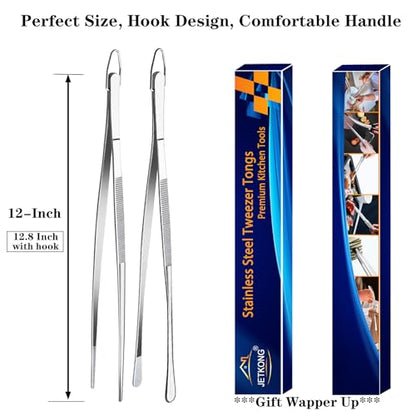 JETKONG 2 Pcs 12-Inch Kitchen Tweezers Fine Tweezer Tongs, Extra-Long Stainless Steel Cooking Tweezers (Silver)