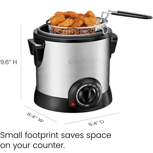 Chefman Fry Guy Deep Fryer with Removable Basket, Easy-to-Clean Non-Stick Coating and Cool-to-Touch Exterior, Adjustable Temperature Control, 4.2 Cup/ 1 Liter Capacity, Stainless Steel
