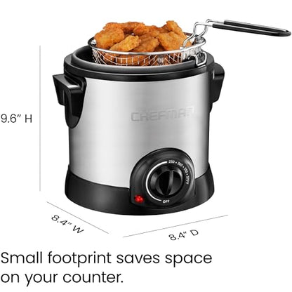 Chefman Fry Guy Deep Fryer with Removable Basket, Easy-to-Clean Non-Stick Coating and Cool-to-Touch Exterior, Adjustable Temperature Control, 4.2 Cup/ 1 Liter Capacity, Stainless Steel
