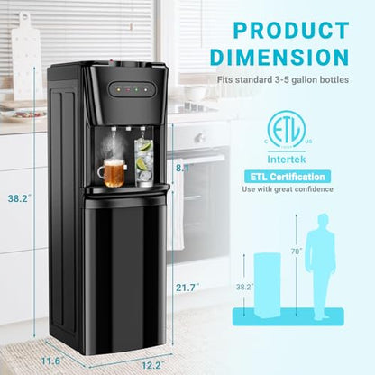 Manastin Bottom Loading Water Cooler Dispenser，3 Temperature Settings - Hot, Cold & Room, Empty Bottle Indicator, Child Safety Lock, Ideal for Office, Home, Living Room, Matte Black