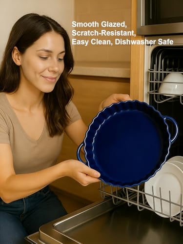 Yamteck 10×2in Deep Ceramic Pie Pan with Handles for Pie Quiche Tart Baking. Easy to grip, Lead-Free. Casserole Lasagna Dish for Thanksgiving Christmas Gift. Oven Microwave Dishwasher Safe. Blue