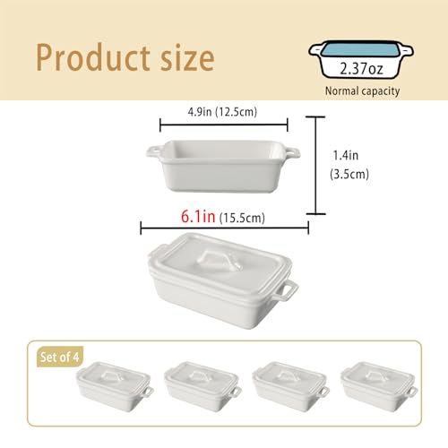 jinsongdafa Ceramic Mini Rectangular Cocotte Set, 2.37 Ounces Small Casserole Dishes with Lids and Handles Set of 4, Individual Baking Ramekins, Oven, Microwave & Dishwasher Safe (White, 6.1 Inch)