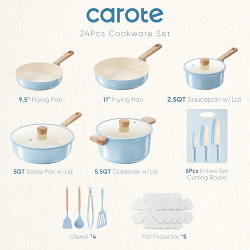 CAROTE 24pcs Ceramic Cookware Set, Pots and Pans Non Stick Kitchen Cookware Sets, Pots and Pans Set Cooking Set with Knife Set