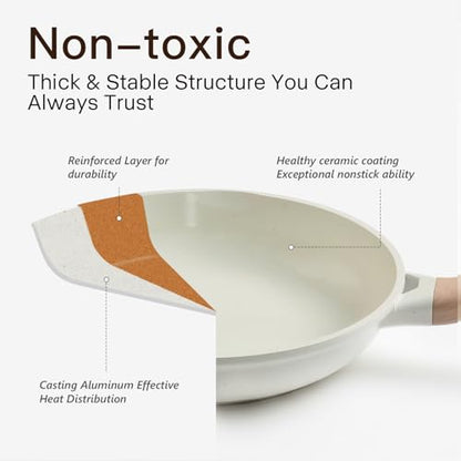 USELUCK Pots and Pans Set Non Stick Non-Toxic 22 Pcs Ceramic Cookware Sets Nonstick Kitchen Pot&Pan With Lid Cream White Granite Induction Compatible with Glass Lids Crepe Frying Pan PFOA/PFOS-Free