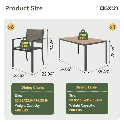 Aoxun 7-Piece Patio Table and Chairs Set for 6, All Weather Outdoor Dining Set with 6 Textilene Chairs and 1 Rectangular Metal Table, Patio Dining Sets for Backyard, Garden and Poolside, Brown