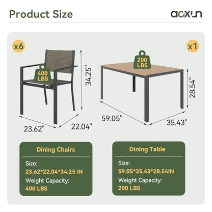 Aoxun 7-Piece Patio Table and Chairs Set for 6, All Weather Outdoor Dining Set with 6 Textilene Chairs and 1 Rectangular Metal Table, Patio Dining Sets for Backyard, Garden and Poolside, Brown