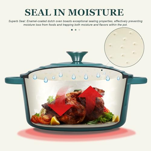 Overmont Enameled Cast Iron Dutch Oven - 7QT Pot with Lid Cookbook & Cotton Potholders - Heavy-Duty Cookware for Braising, Stews, Roasting, Sourdough Baking bottle green